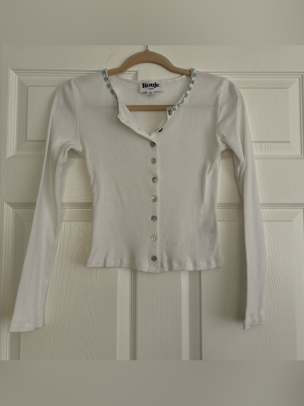 Rouje White Cotton Ribbed Cardigan with Floral Ribbon Trim
